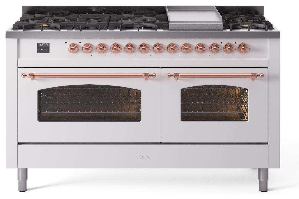 Nostalgie II 60 Inch Dual Fuel Natural Gas Freestanding Range in White with Copper Trim