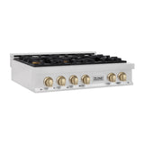 ZLINE Autograph Edition 36" Porcelain Rangetop with 6 Gas Burners in Fingerprint Resistant Stainless Steel and Polished Gold Accents (RTSZ-36-G)