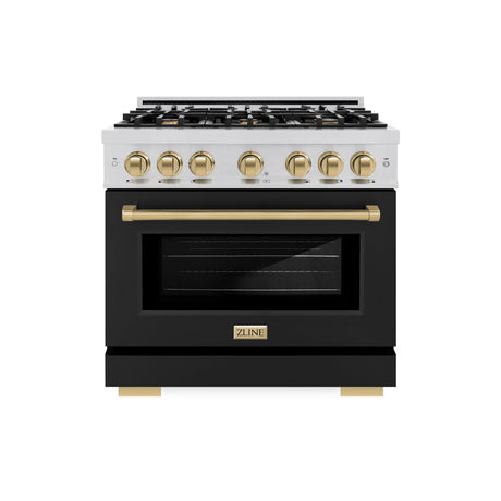 ZLINE Autograph Edition 36 in. 5.2 cu. ft. Select Dual Fuel Range with 6 Burner Gas Cooktop and Electric Convection Oven in Stainless Steel with Black Matte Door and Champagne Bronze Accents (HDRZ-BLM-36-CB)