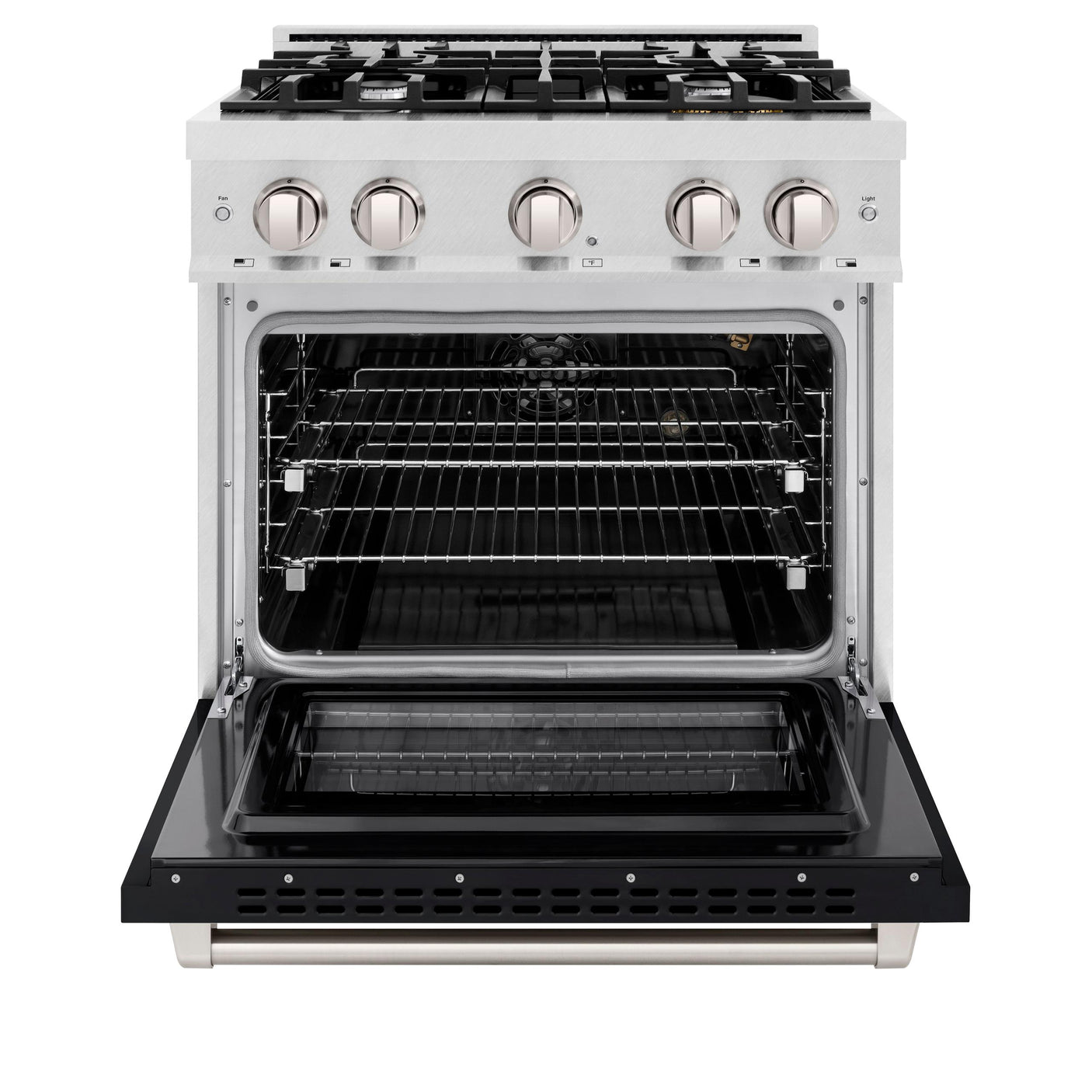 ZLINE 30 in. 4.2 cu. ft. Select Gas Range with 4 Burner Cooktop and Convection Gas Oven in DuraSnow' Stainless Steel with Black Matte Door (HGRS-BLM-30)