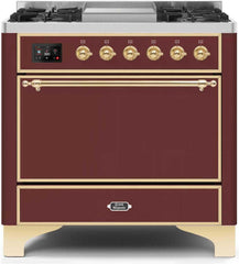 Majestic II 36 Inch Dual Fuel Liquid Propane Freestanding Range in Burgundy with Brass Trim