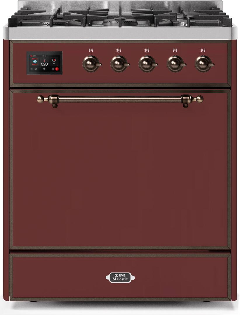 Majestic II 30 Inch Dual Fuel Liquid Propane Freestanding Range in Burgundy with Bronze Trim