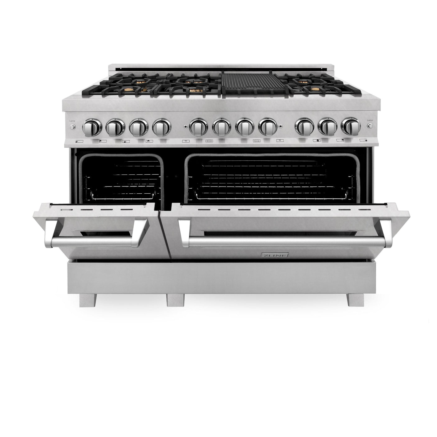 ZLINE 48 in. DuraSnow Stainless Steel 6.0 cu.ft. 7 Gas Burner/Electric Oven Range with Color Door Options (RAS-SN-48) [Color: DuraSnow Stainless Steel with Brass Burners]