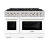 ZLINE 48 in. 6.7 cu. ft. Select Double Oven Gas Range with 8 Burner Cooktop in DuraSnow' Stainless Steel with White Matte Doors (HGRS-WM-48)