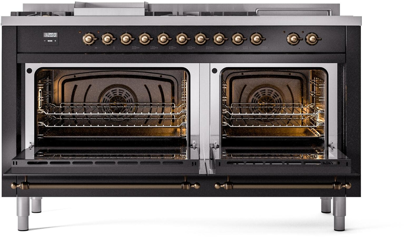 Nostalgie II 60 Inch Dual Fuel Liquid Propane Freestanding Range in Glossy Black with Bronze Trim