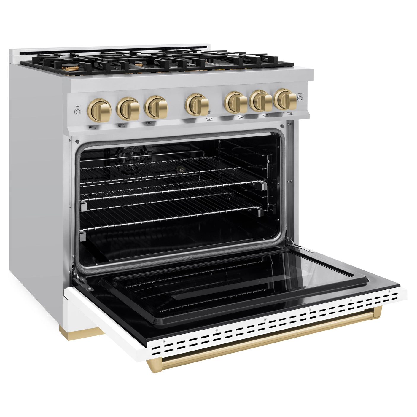 ZLINE Autograph Edition 36 in. 5.2 cu. ft. Classic Dual Fuel Range with 6 Burner Gas Cooktop and Electric Convection Oven in Stainless Steel with White Matte Door and Champagne Bronze Accents (CDRZ-WM-36-CB)