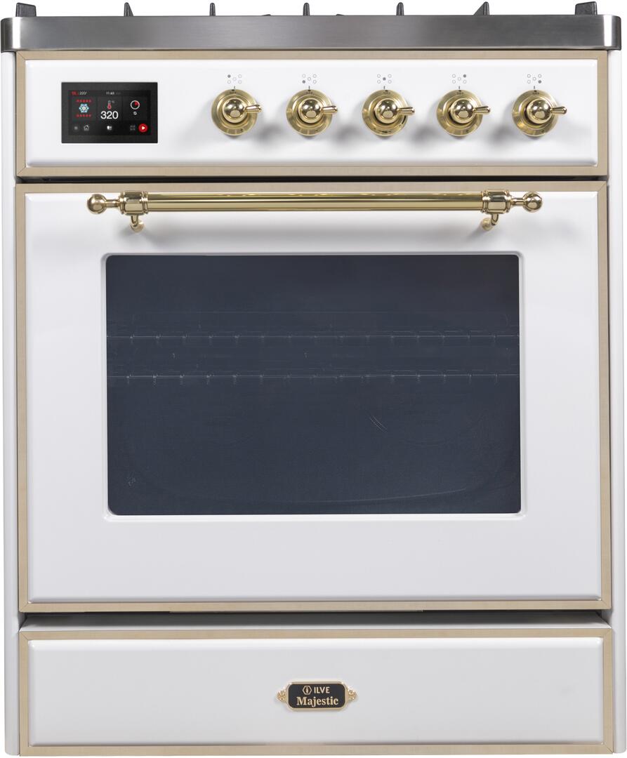 Majestic II 30 Inch Dual Fuel Liquid Propane Freestanding Range in White with Brass Trim