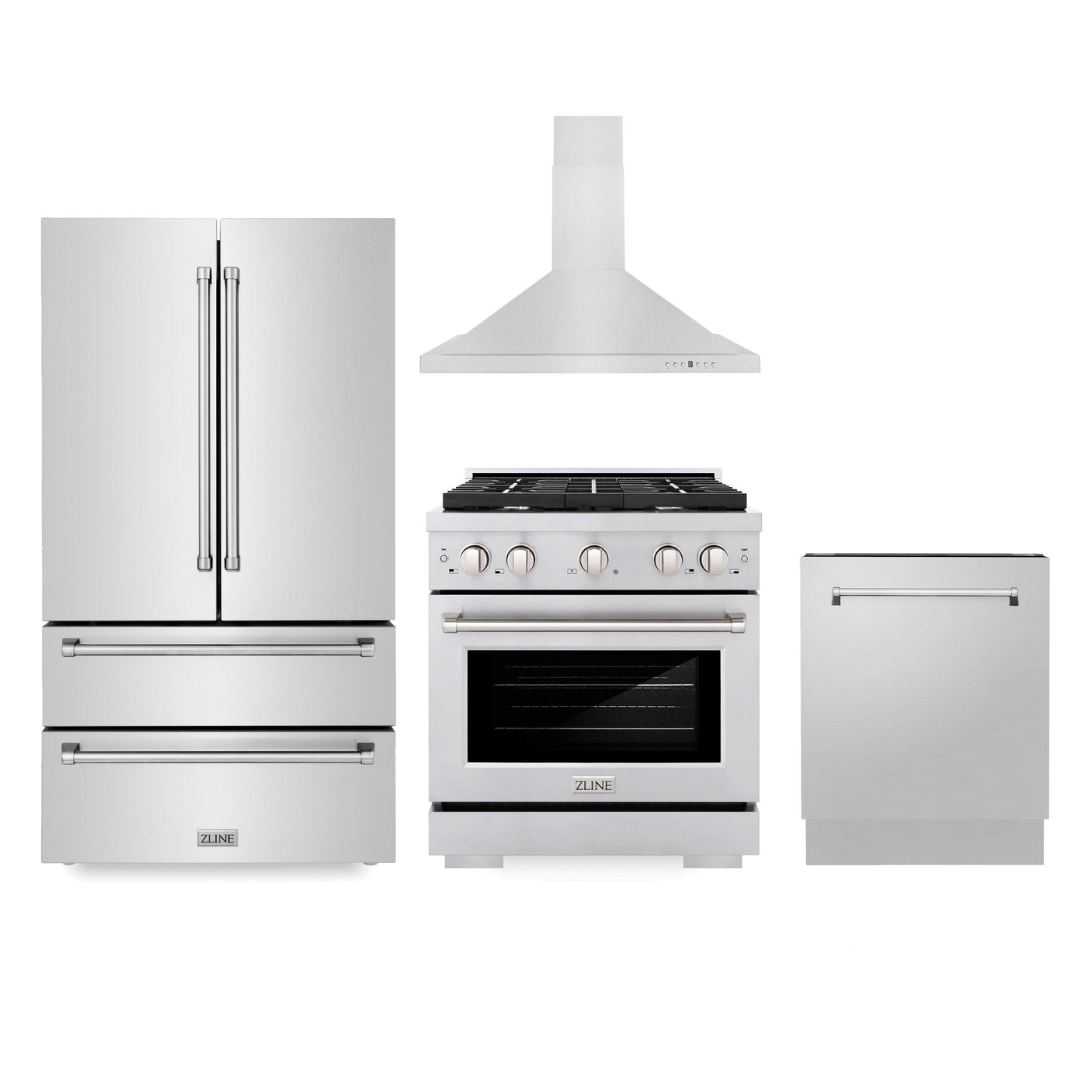 ZLINE Kitchen Package with Refrigeration, 30" Stainless Steel Gas Range, 30" Convertible Vent Range Hood and 24" Tall Tub Dishwasher (4KPR-SGRRH30-DWV)