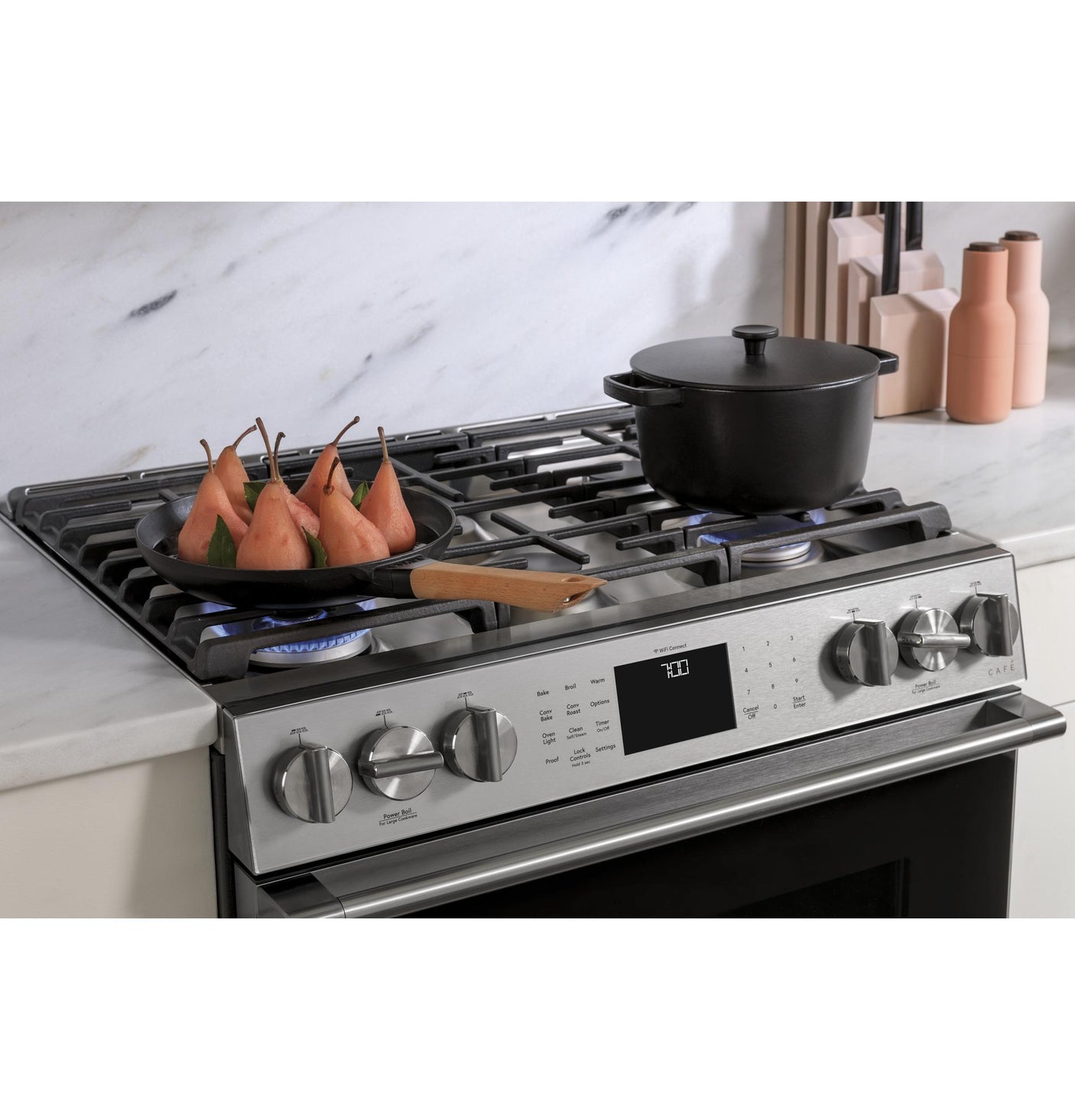 Café™ 30" Smart Slide-In, Front-Control, Gas Range with Convection Oven in Platinum Glass