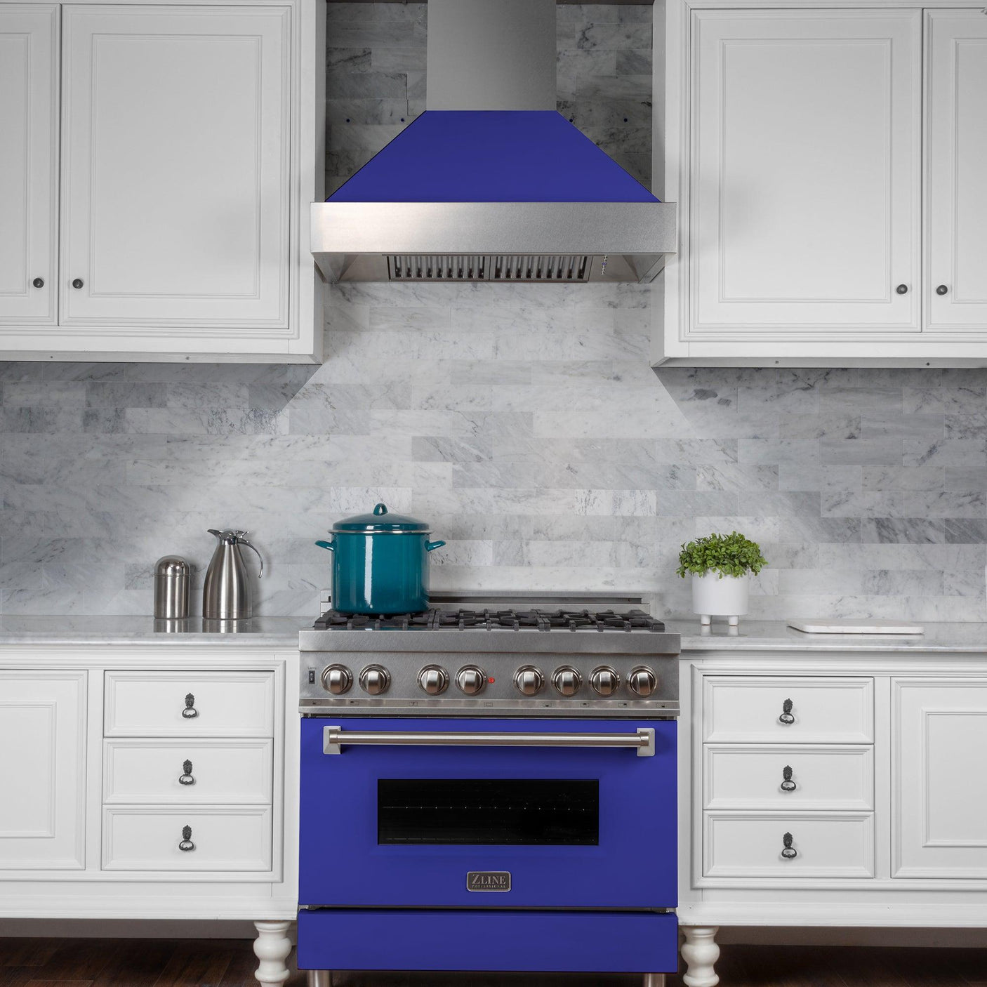 ZLINE 36 in. Professional Dual Fuel Range in DuraSnow Stainless Steel with Color Door Finishes (RAS-SN-36) [Color: Blue Matte]