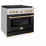 ZLINE Autograph Edition 36 in. 5.2 cu. ft. Paramount Gas Range with 6 Burner Cooktop and Convection Gas Oven in Stainless Steel with Black Matte Door and Polished Gold Accents (SGRZ-BLM-36-G)