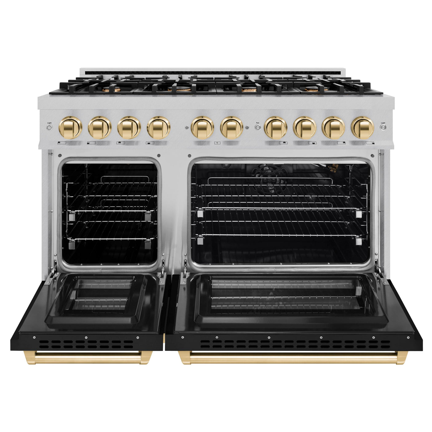 ZLINE Autograph Edition 48 in. 6.7 cu. ft. Select Double Oven Gas Range with 8 Burner Cooktop in DuraSnow' Stainless Steel with Black Matte Doors and Polished Gold Accents (HGRSZ-BLM-48-G)