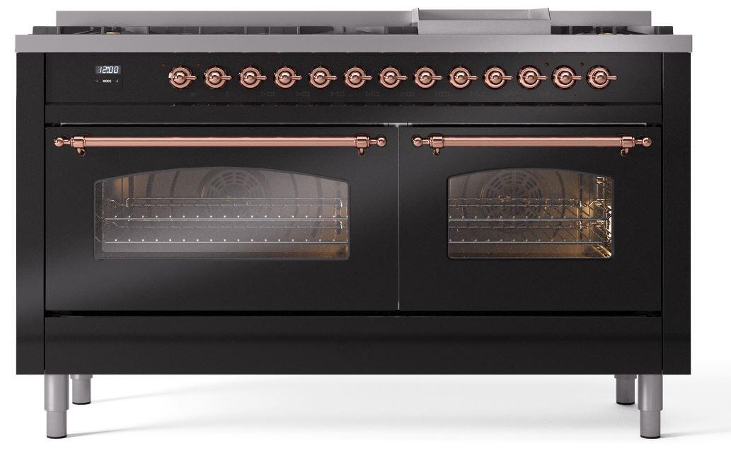 Nostalgie II 60 Inch Dual Fuel Liquid Propane Freestanding Range in Glossy Black with Copper Trim