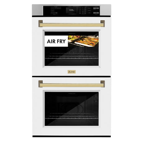 ZLINE 30 in. Autograph Edition Professional True Convection Double Wall Oven with Air Fry and Self Clean in Stainless Steel with White Matte Doors and Polished Gold Handles (WADZ-WM-30-G)