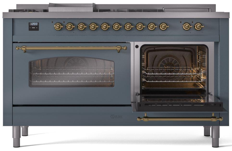 Nostalgie II 60 Inch Dual Fuel Liquid Propane Freestanding Range in Blue Grey with Brass Trim