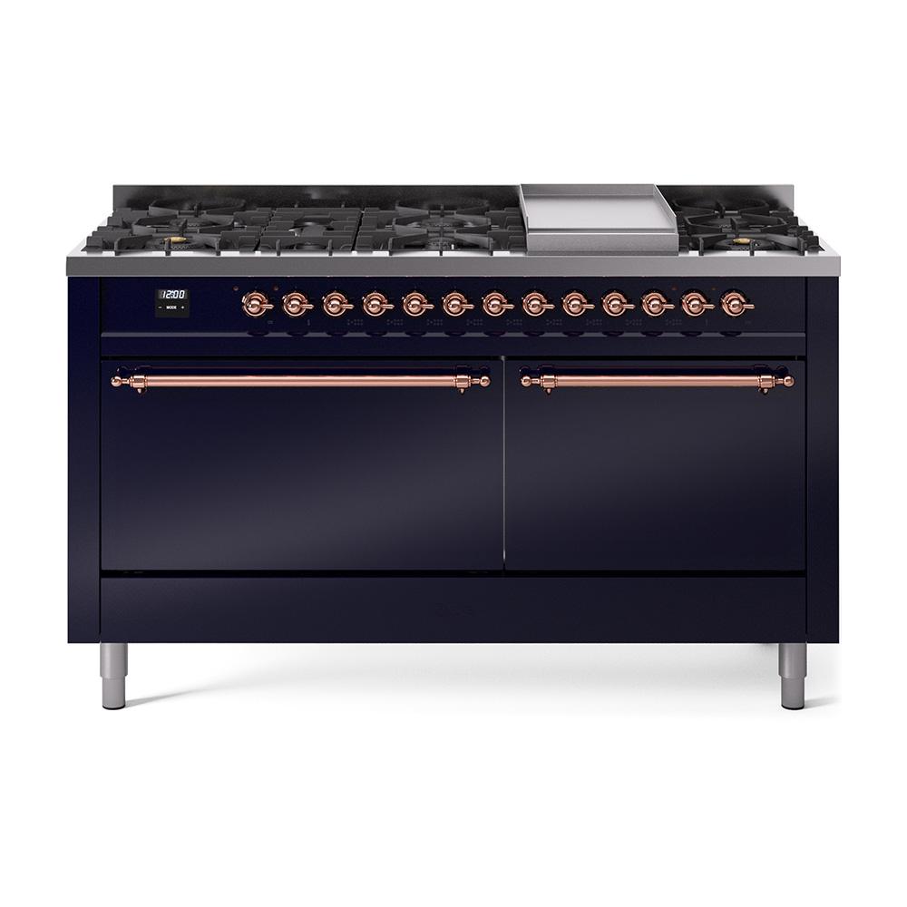 ILVE Nostalgie II 60 UP60FQNMPMBP Freestanding Dual Fuel Range with 9 Sealed Burners Yes Double Oven with Solid Door in Midnight Blue with Copper knobs