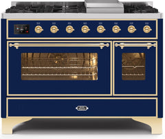 Majestic II 48 Inch Dual Fuel Natural Gas Freestanding Range in Blue with Brass Trim