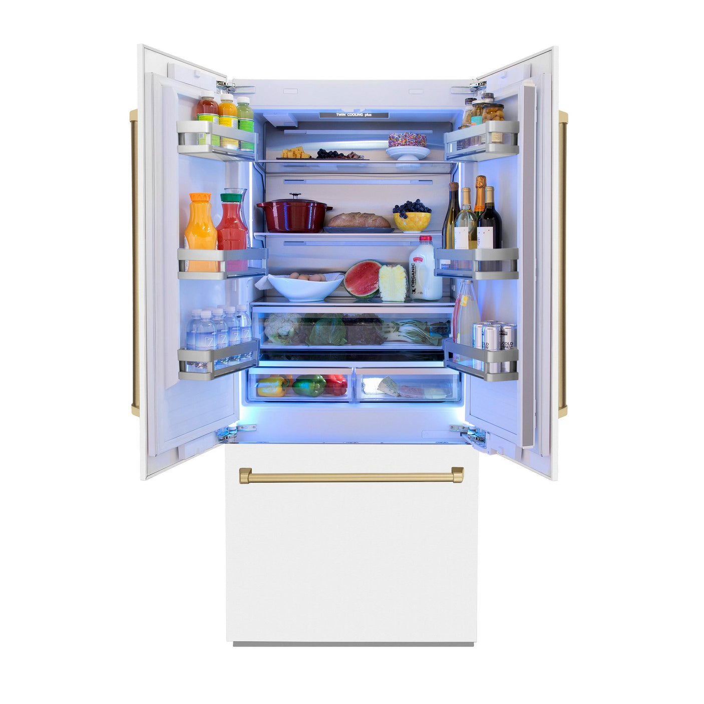 ZLINE 36" Autograph Edition 19.6 cu. ft. Built-in 3-Door French Door Refrigerator with Internal Water and Ice Dispenser in White Matte with Champagne Bronze Accents (RBIVZ-WM-36-CB)