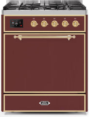 Majestic II 30 Inch Dual Fuel Liquid Propane Freestanding Range in Burgundy with Brass Trim