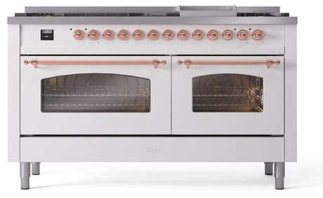 Nostalgie II 60 Inch Dual Fuel Liquid Propane Freestanding Range in White with Copper Trim