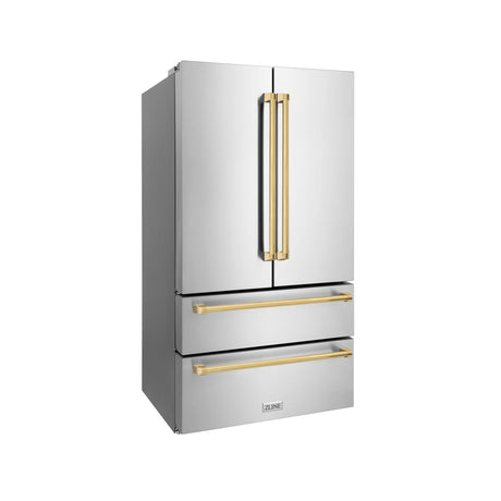 ZLINE 36" Autograph Edition 22.5 cu. ft Freestanding French Door Refrigerator with Ice Maker in Fingerprint Resistant Stainless Steel with Accents (RFMZ-36) [Color: Champagne Bronze Accents]