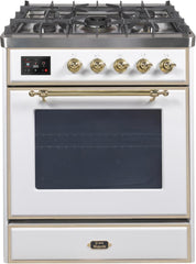 Majestic II 30 Inch Dual Fuel Liquid Propane Freestanding Range in White with Brass Trim