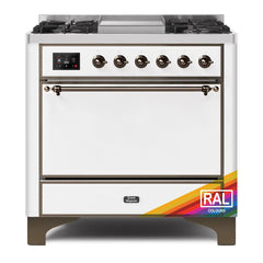 ILVE Majestic II 36 UM09FDQNS3RAB Freestanding Dual Fuel Range with 6 Sealed Burners Yes Single Oven with Solid Door in RAL Color with Bronze knobs