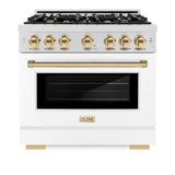 ZLINE Autograph Edition 36 in. 5.2 cu. ft. Select Gas Range with 6 Burner Cooktop and Convection Gas Oven in DuraSnow' Stainless Steel with White Matte Door and Polished Gold Accents (HGRSZ-WM-36-G)