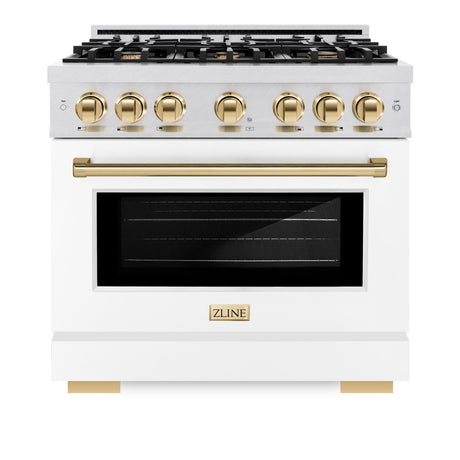 ZLINE Autograph Edition 36 in. 5.2 cu. ft. Select Gas Range with 6 Burner Cooktop and Convection Gas Oven in DuraSnow' Stainless Steel with White Matte Door and Polished Gold Accents (HGRSZ-WM-36-G)