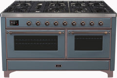 Majestic II 60 Inch Dual Fuel Natural Gas Freestanding Range in Blue Grey with Bronze Trim