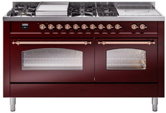 Nostalgie II 60 Inch Dual Fuel Liquid Propane Freestanding Range in Burgundy with Copper Trim