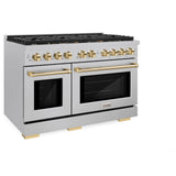 ZLINE Autograph Edition 48 in. 6.7 cu. ft. 8 Burner Double Oven Gas Range in DuraSnow' Stainless Steel and Polished Gold Accents (SGRSZ-48-G)