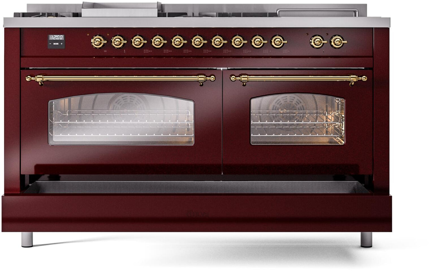 Nostalgie II 60 Inch Dual Fuel Natural Gas Freestanding Range in Burgundy with Brass Trim