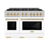 ZLINE Autograph Edition 48 in. 6.7 cu. ft. Select Double Oven Gas Range with 8 Burner Cooktop in DuraSnow' Stainless Steel with White Matte Doors and Polished Gold Accents (HGRSZ-WM-48-G)