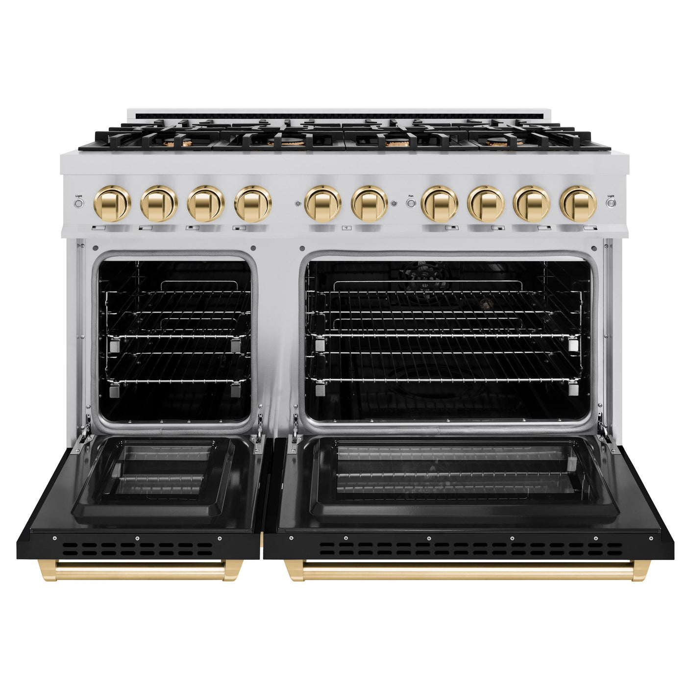 ZLINE Autograph Edition 48 in. 6.7 cu. ft. Select Double Oven Dual Fuel Range with 8 Burner Gas Cooktop in Stainless Steel with Black Matte Doors and Polished Gold Accents (HDRZ-BLM-48-G)