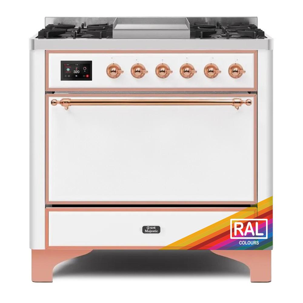 ILVE Majestic II 36 UM09FDQNS3RAP Freestanding Dual Fuel Range with 6 Sealed Burners Yes Single Oven with Solid Door in RAL Color with Copper knobs