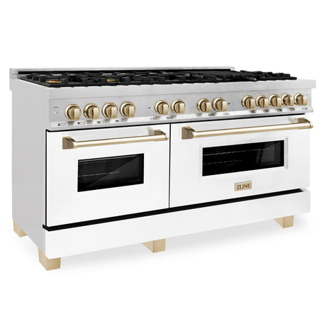 ZLINE Autograph Edition 60 in. 7.4 cu. ft. Dual Fuel Range with Gas Stove and Electric Oven in DuraSnow Stainless Steel with White Matte Door and Accents (RASZ-WM-60) [Color: Gold Accents]