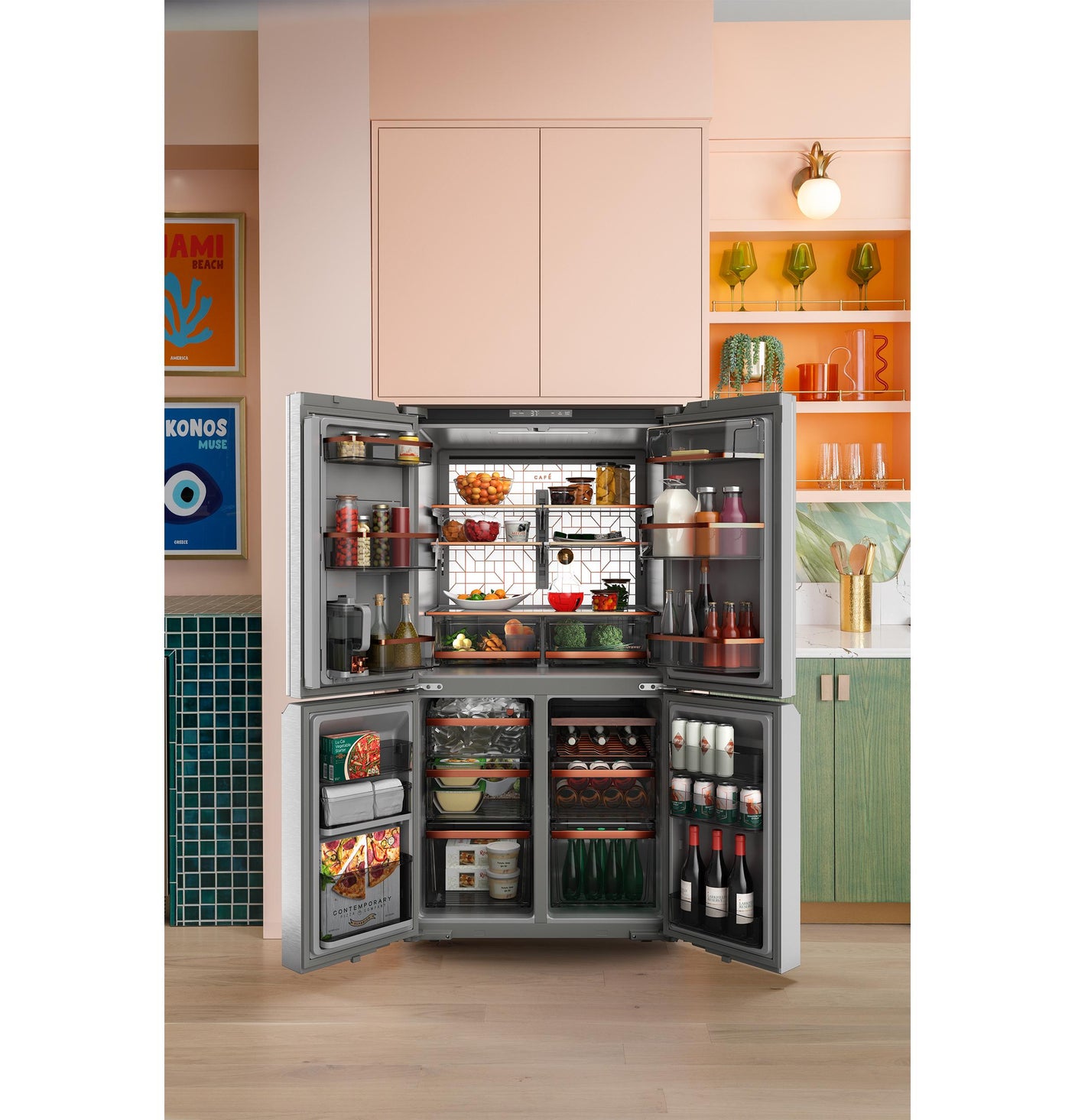 Café™ ENERGY STAR® 22.9 Cu. Ft. Smart Counter-Depth Quad-Door Refrigerator in Platinum Glass with Dual-Dispense AutoFill Pitcher