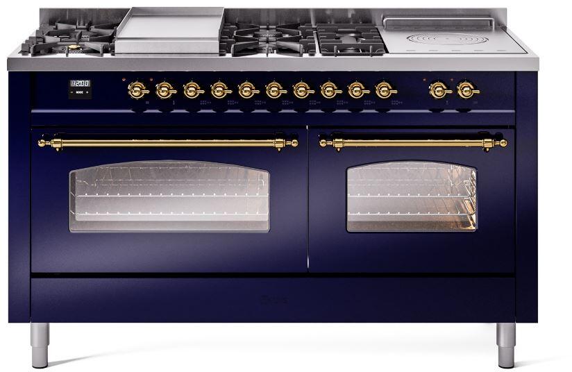 Nostalgie II 60 Inch Dual Fuel Natural Gas Freestanding Range in Blue with Brass Trim