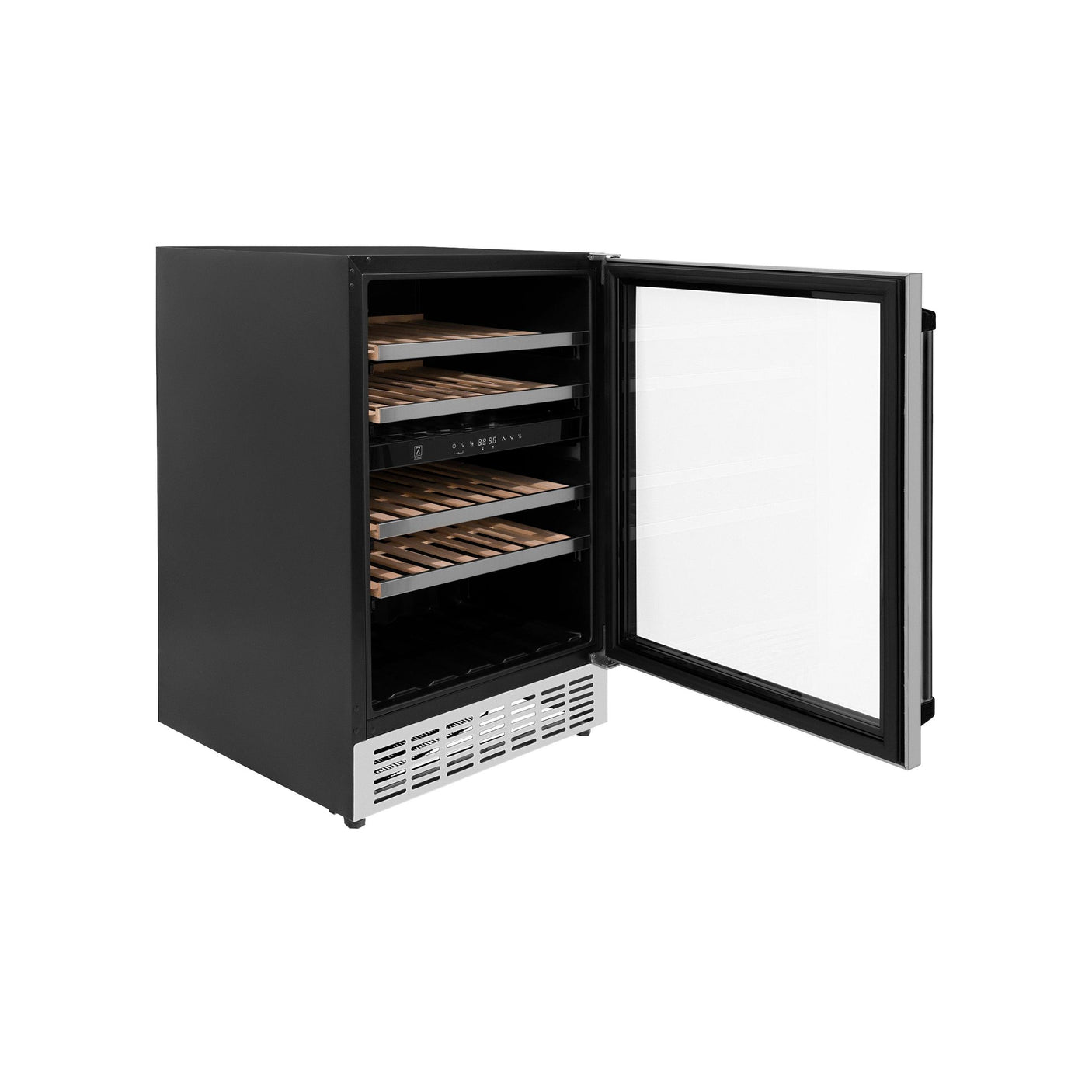 ZLINE 24" Autograph Edition Dual Zone 44-Bottle Wine Cooler in Stainless Steel with Wood Shelf and Matte Black Accents (RWVZ-UD-24-MB)