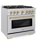 ZLINE Autograph Edition 36 in. 5.2 cu. ft. Select Gas Range with 6 Burner Cooktop and Convection Gas Oven in DuraSnow' Stainless Steel and Champagne Bronze Accents (HGRSZ-36-CB)