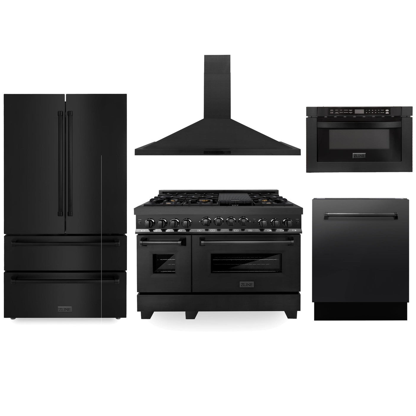 ZLINE Kitchen Package with Black Stainless Steel Refrigeration, 48" Gas Range, 48" Range Hood, Microwave Drawer, and 24" Tall Tub Dishwasher (5KPR-RGBRH48-MWDWV)