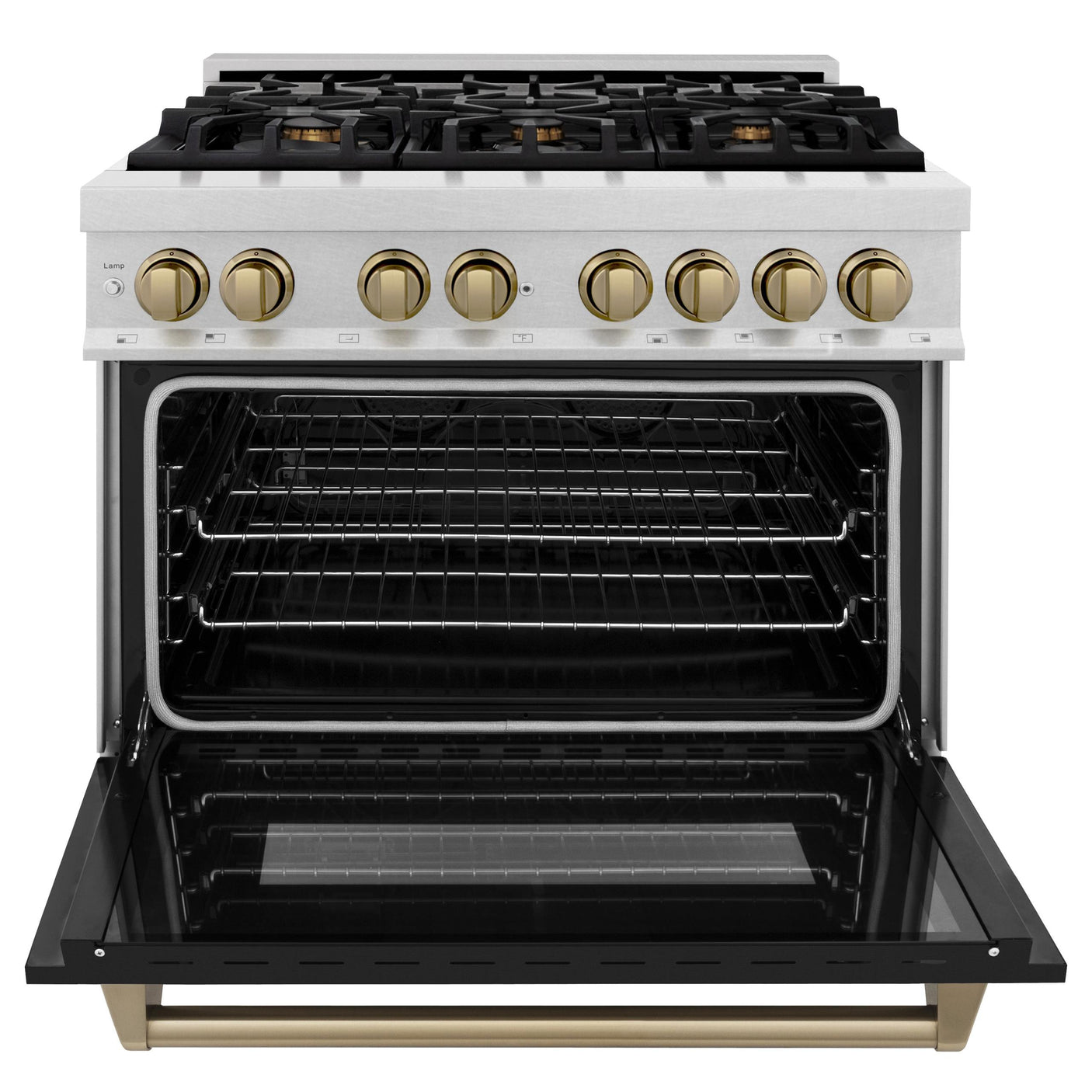 ZLINE Autograph Edition 36 in. 4.6 cu. ft. Dual Fuel Range with Gas Stove and Electric Oven in Fingerprint Resistant DuraSnow' Stainless Steel with Black Matte Door and Champagne Bronze Accents (RASZ-BLM-36-CB)