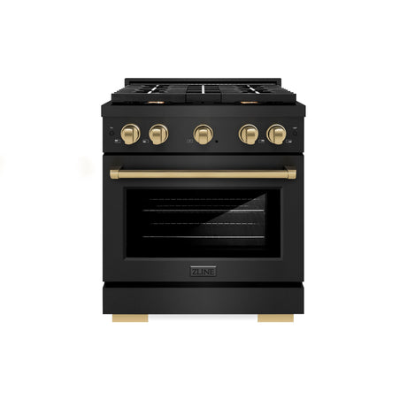 ZLINE Autograph Edition 30 in. 4.2 cu. ft. Paramount Dual Fuel Range with 4 Burner Gas Cooktop and Electric Convection Oven in Black Stainless Steel with Champagne Bronze Accents (SDRBZ-30-CB)