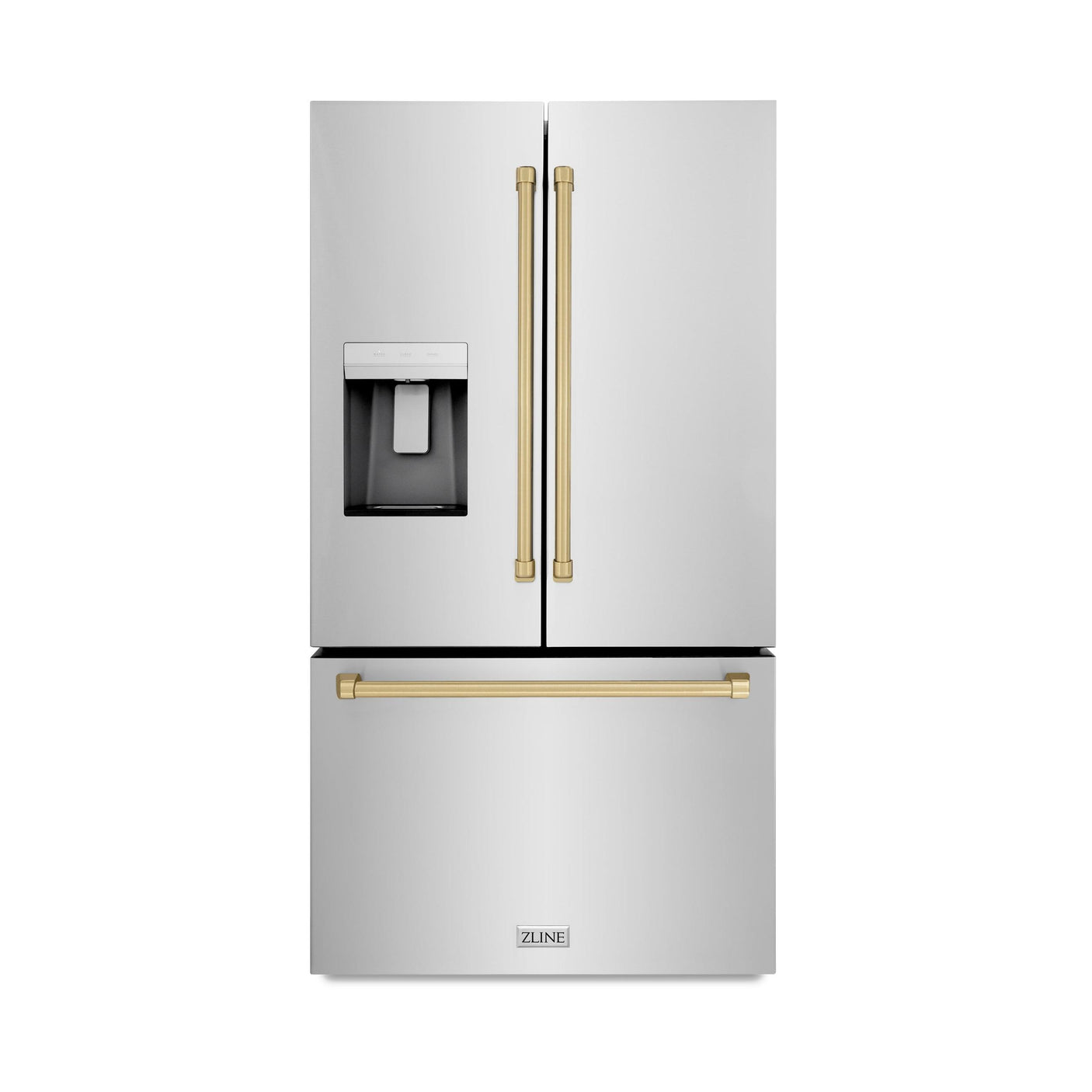 ZLINE Autograph Edition 36 in. 28.9 cu. ft. Standard-Depth French Door External Water Dispenser Refrigerator with Dual Ice Maker in Fingerprint Resistant Stainless Steel and Champagne Bronze Traditional Handles (RSMZ-W-36-CB)