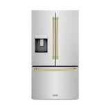 ZLINE Autograph Edition 36 in. 28.9 cu. ft. Standard-Depth French Door External Water Dispenser Refrigerator with Dual Ice Maker in Fingerprint Resistant Stainless Steel and Champagne Bronze Traditional Handles (RSMZ-W-36-CB)