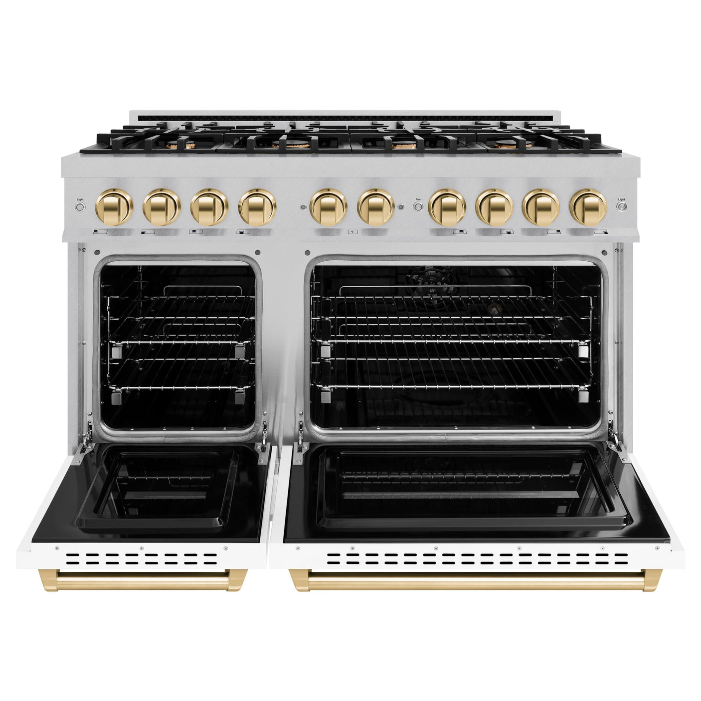 ZLINE Autograph Edition 48 in. 6.7 cu. ft. Classic Double Oven Gas Range with 8 Burner Cooktop in DuraSnow' Stainless Steel with White Matte Doors and Polished Gold Accents (CGRSZ-WM-48-G)