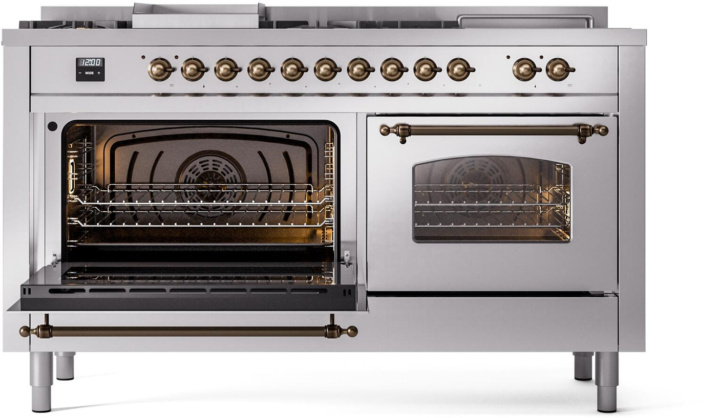 Nostalgie II 60 Inch Dual Fuel Natural Gas Freestanding Range in Stainless Steel with Bronze Trim