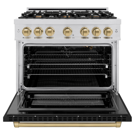 ZLINE Autograph Edition 36 in. 5.2 cu. ft. Select Gas Range with 6 Burner Cooktop and Convection Gas Oven in Stainless Steel with Black Matte Door and Champagne Bronze Accents (HGRZ-BLM-36-CB)