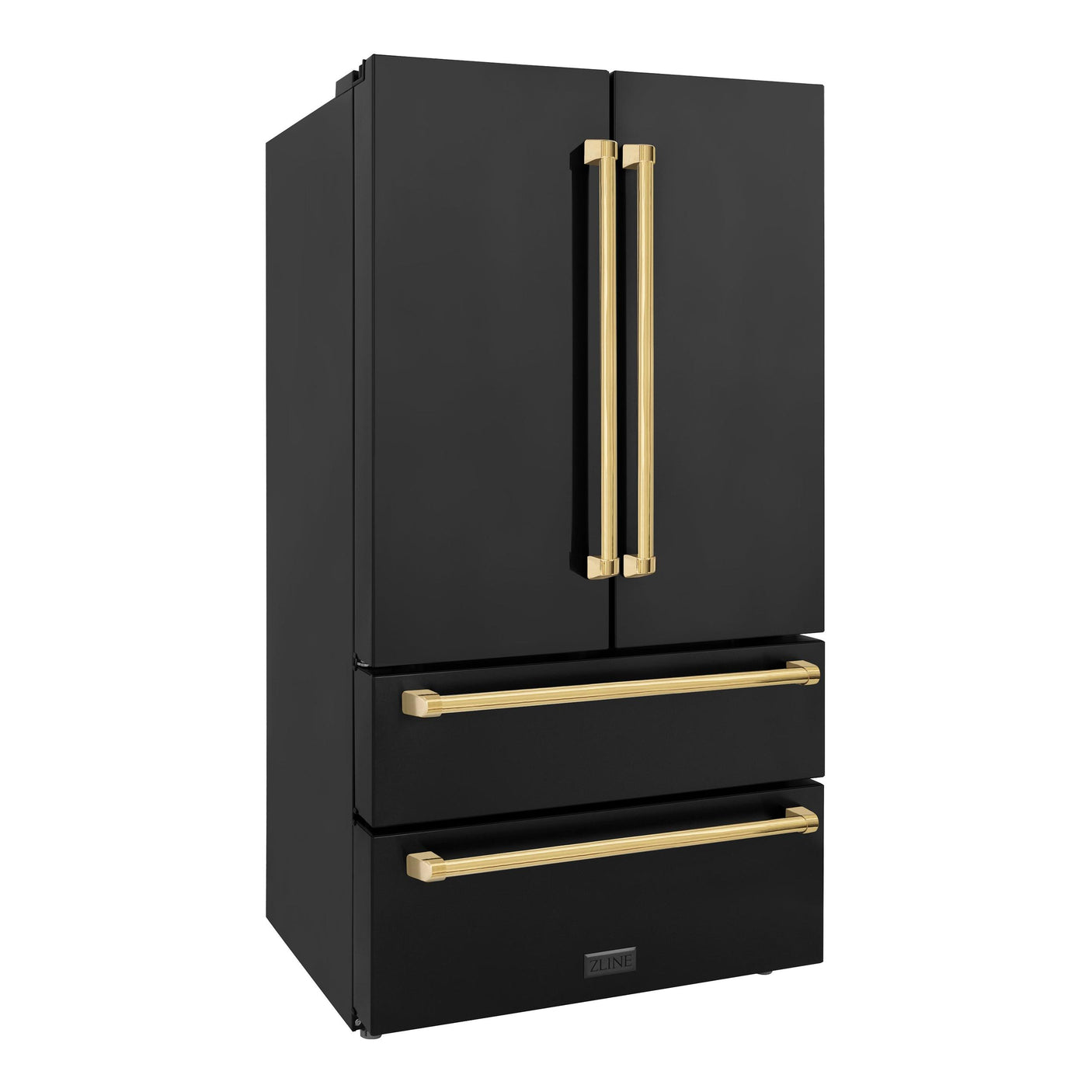 ZLINE 36" Autograph Edition 22.5 cu. ft Freestanding French Door Refrigerator with Ice Maker in Fingerprint Resistant Black Stainless Steel with Accents (RFMZ-36-BS) [Color: Gold Accents]